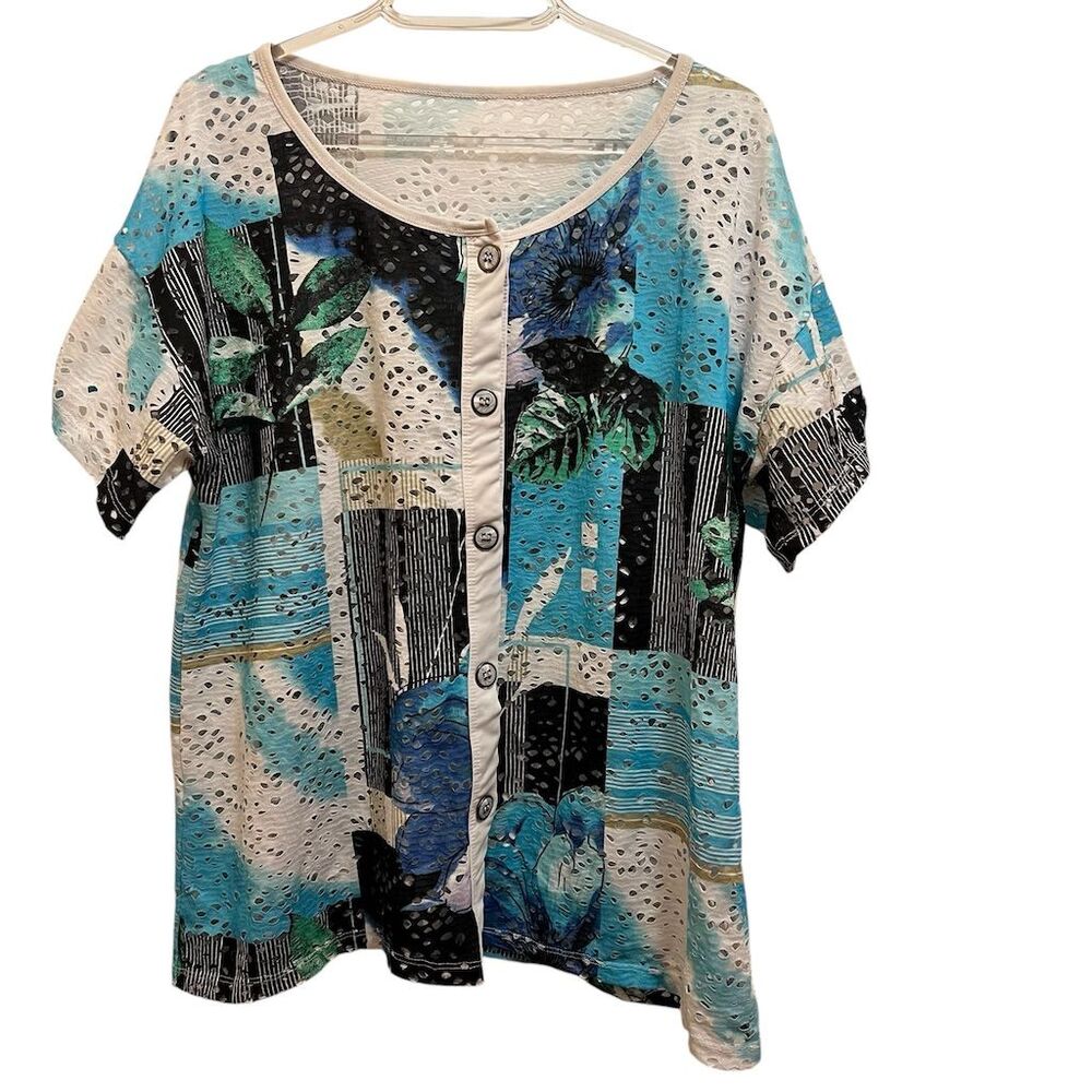 Women's XL Floral Button-Front Blouse Scoop Neck Short Sleeve Casual Top